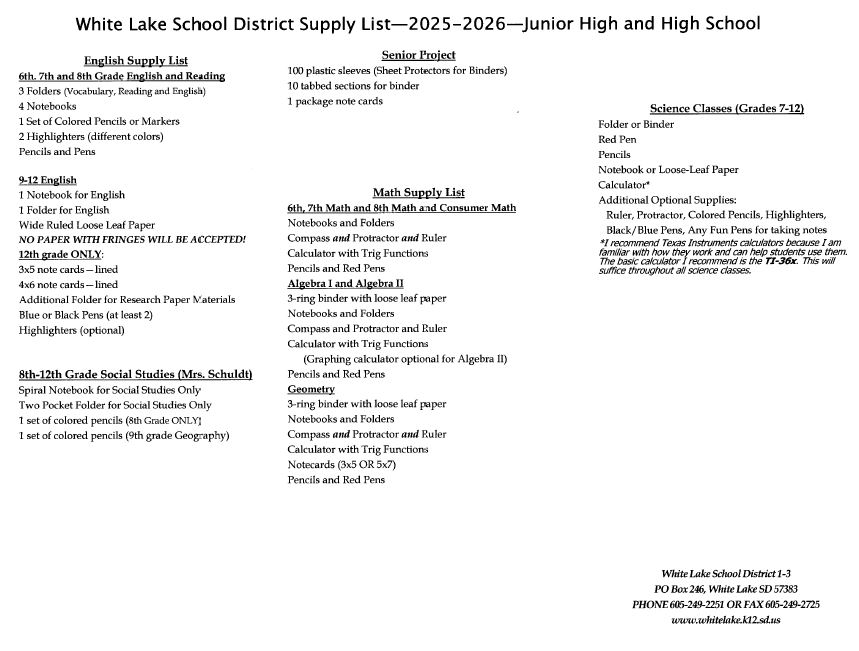 MS/HS Back To School Supply List